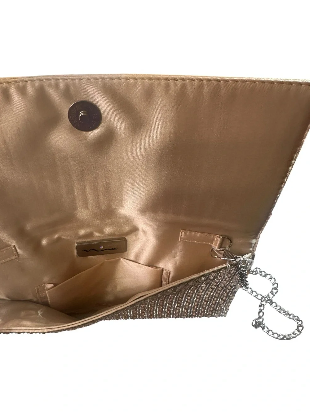 Nina Rhinestone Evening Bag Clutch Womens Gold Bronze Chain Strap Formal Purse